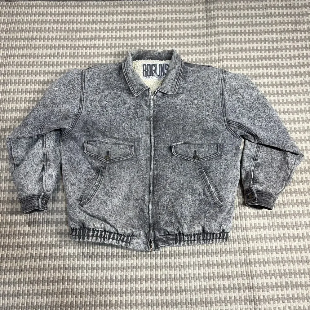 VTG Roglins Sherpa Lined‎ Acid Wash Denim Bomber Jacket Men’s Size L